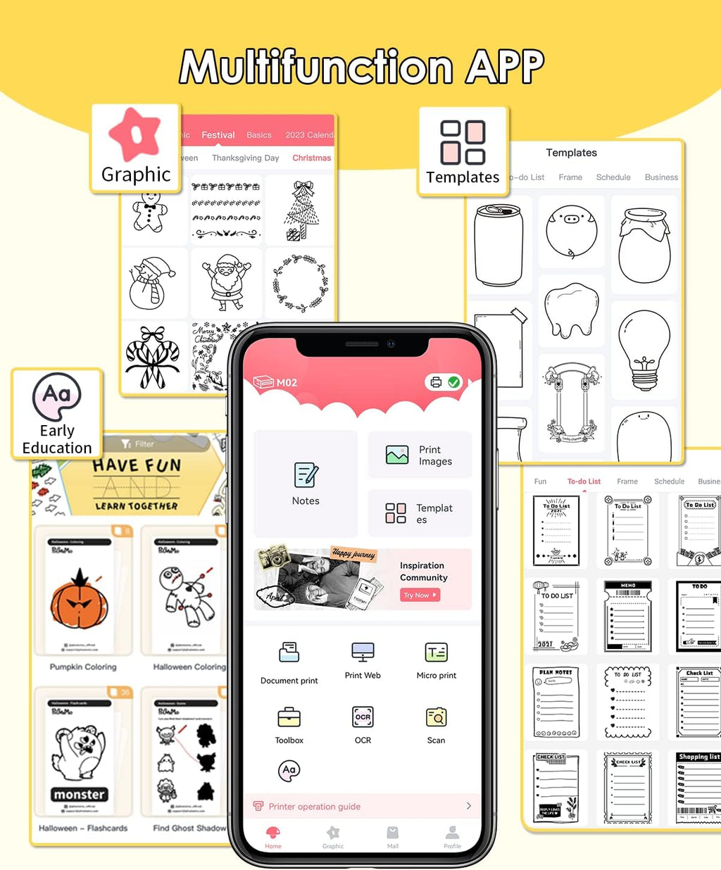 Mini Sticker Printer M02 Portable Inkless Sticker Printer, Compatible with Ios & Android, Print Pod for Phone, for Fun Christmas, Study Note, Memos, DIY Journal, Fun Gift for Kids Students, Black