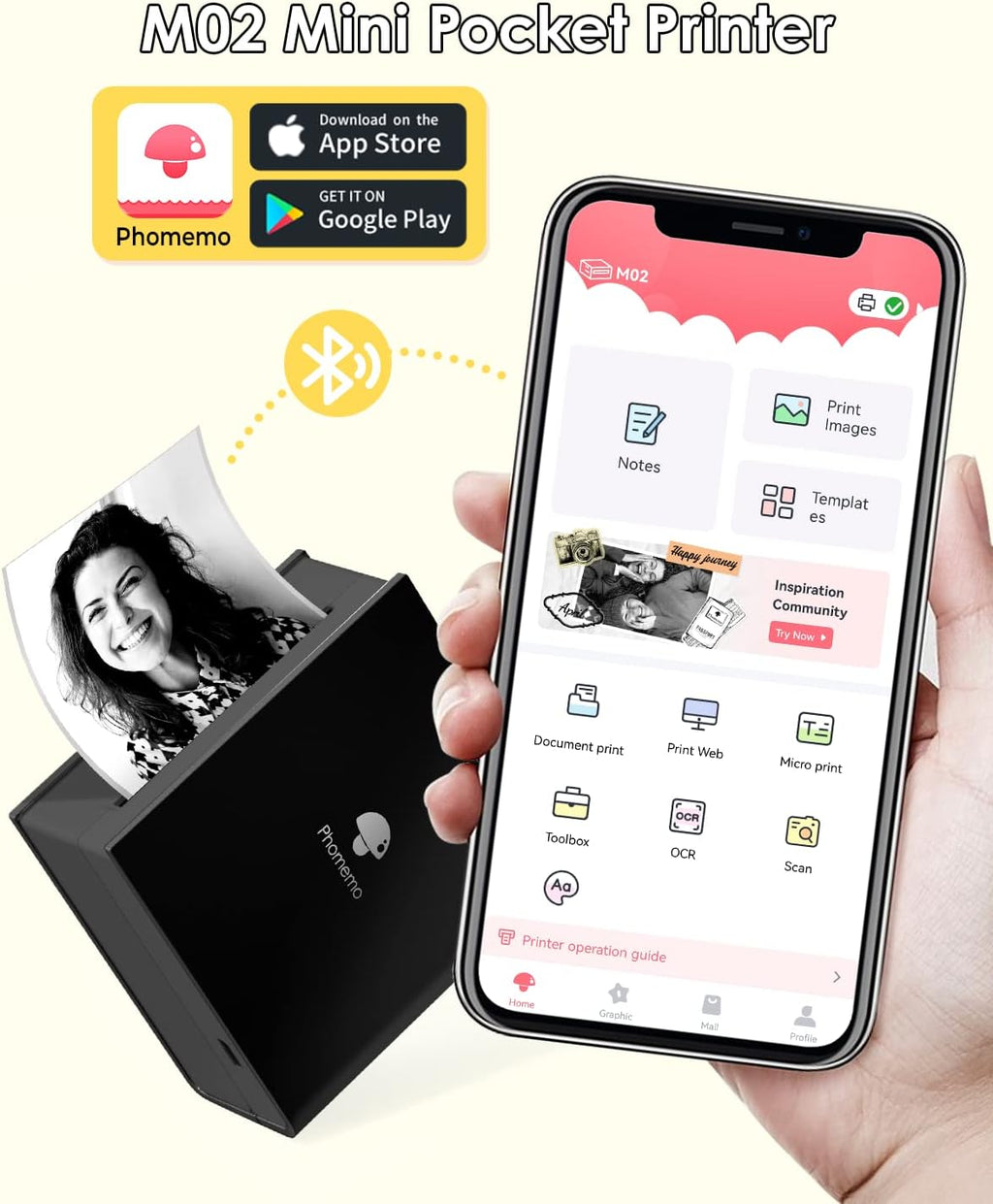 Mini Sticker Printer M02 Portable Inkless Sticker Printer, Compatible with Ios & Android, Print Pod for Phone, for Fun Christmas, Study Note, Memos, DIY Journal, Fun Gift for Kids Students, Black