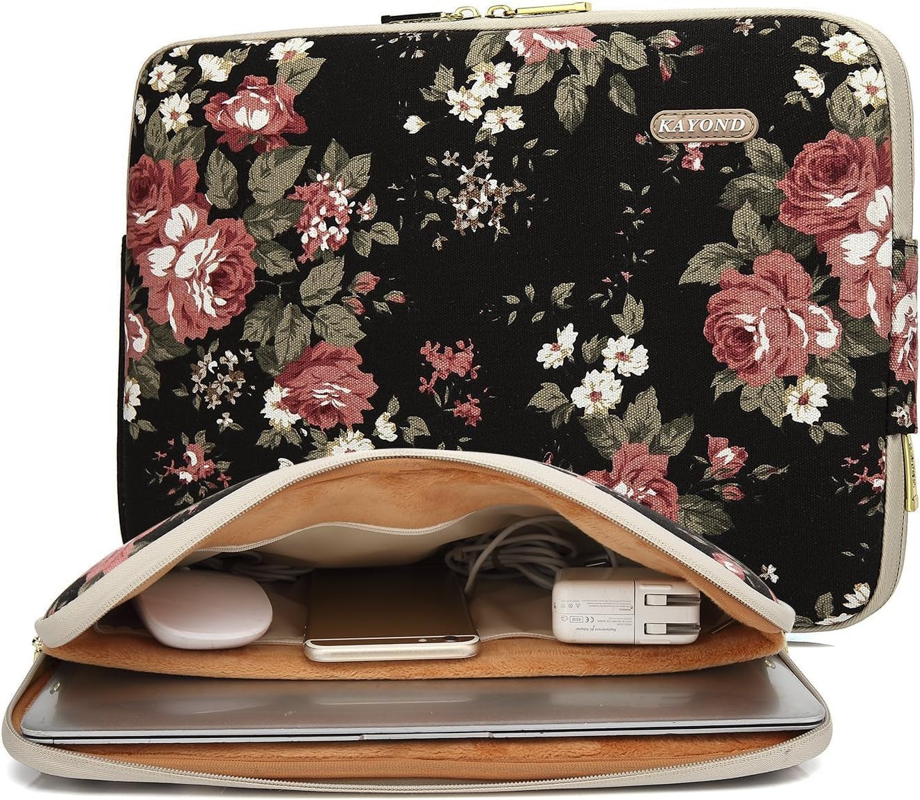 Water-Resistant Canvas 15.6 Inch Laptop Sleeve-Black C Rose