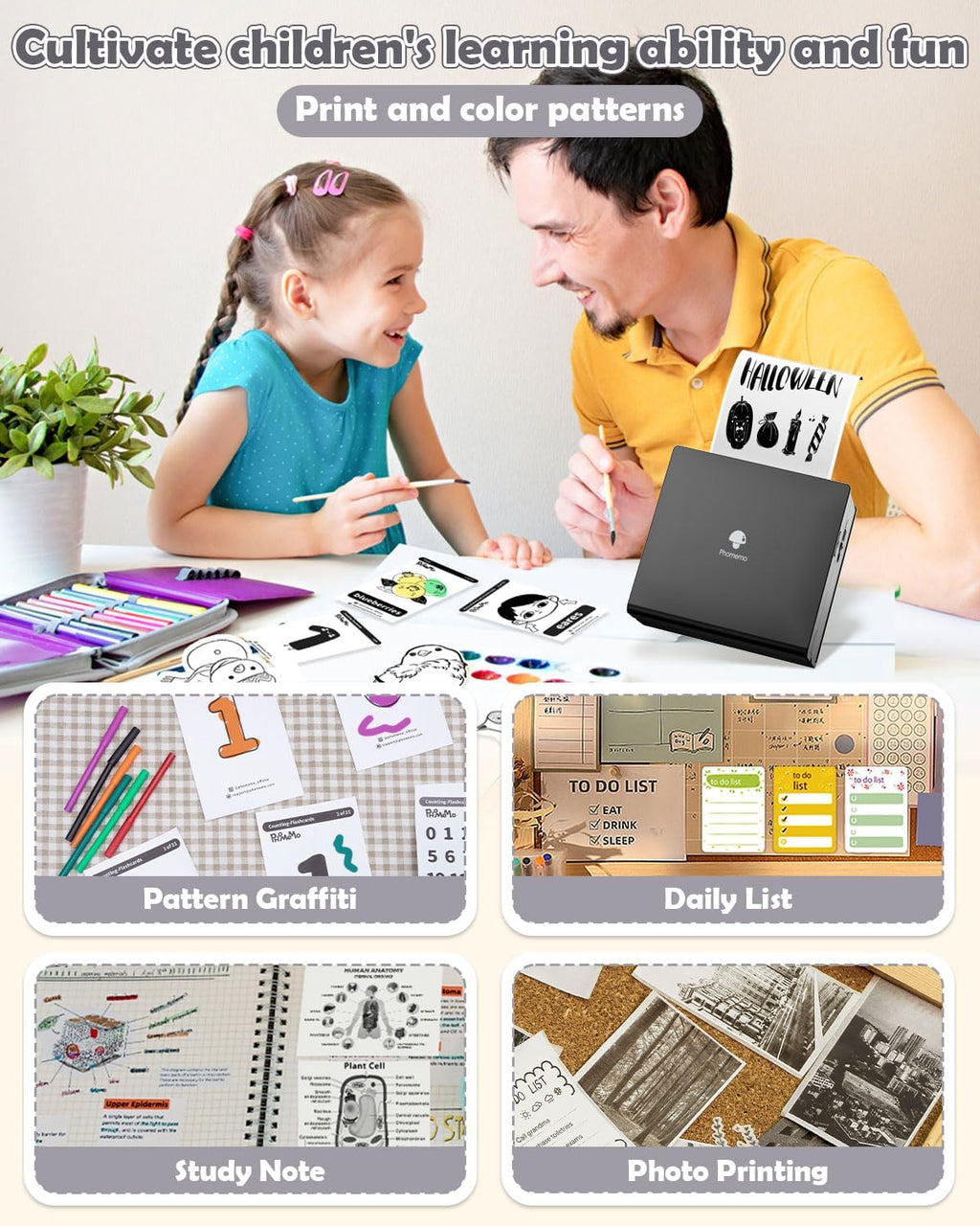 Mini Sticker Printer M02 Portable Inkless Sticker Printer, Compatible with Ios & Android, Print Pod for Phone, for Fun Christmas, Study Note, Memos, DIY Journal, Fun Gift for Kids Students, Black