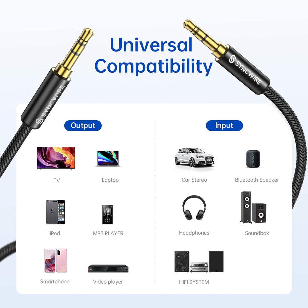 3.5Mm Aux Cable (9.8Ft/3M) Hi-Fi Sound Nylon Braided Auxiliary Audio Cable Adapter Male to Male AUX Cord for Headphones, Car, Home Stereos, Speaker, Iphone, Ipad, Ipod, Echo & More Black