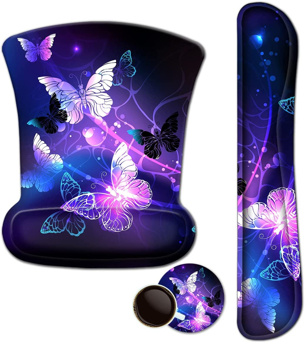Mouse Pad with Wrist Support and Keyboard Wrist Rest Pad Set,Ergonomic Mouse Pads for Computers Laptop,Non-Slip Comfortable Mousepad W/Raised Memory Foam for Easy Typing & Pain Relief (Arts Butterfly)