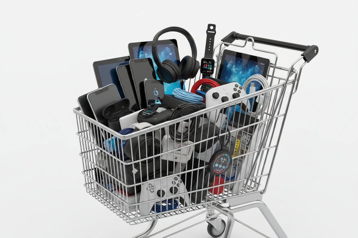 Shopping cart full of electronics and gadgets 